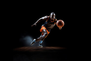 Basketball superstar leaps through the air, isolated against a black studio background, surrounded by dramatic lighting and smoke effects. Generative AI. - obrazy, fototapety, plakaty