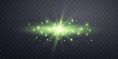 Green horizontal lensflare. Light flash with rays or green spotlight. Glow flare light effect. Vector illustration. Isolated on dark transparent background.