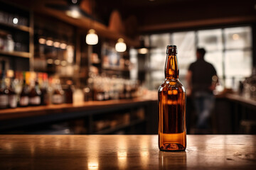 close up of a bottle of beer with blurred Bartender and bar in the back with empty copy space	
 - obrazy, fototapety, plakaty