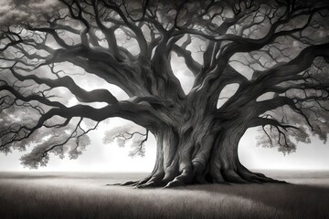  A detailed charcoal drawing of a majestic oak tree in a serene meadow, capturing the intricate...