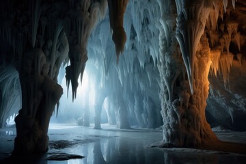 Stalactites and stalagmites converging in a dance of time. - obrazy, fototapety, plakaty