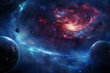 Obraz premium Starry galaxy backdrop with swirling nebulas and distant planets.