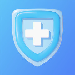 Obraz premium Blue shield with white cross. 3D vector icon.