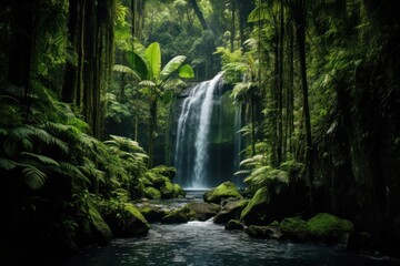 Towering waterfalls in a lush green rainforest, tropical paradise. - obrazy, fototapety, plakaty