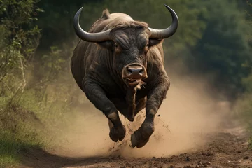 Zelfklevend Fotobehang Running bull in the wild © Veniamin Kraskov