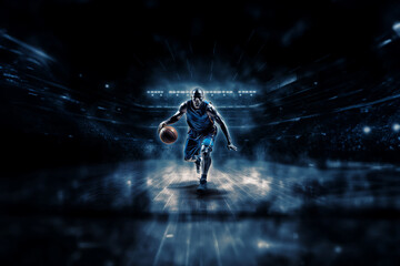 Basketball player demonstrates incredible power and skill, the court ablaze with stunning smoke and lighting effects, showcasing the player's prowess. Generative AI. - obrazy, fototapety, plakaty