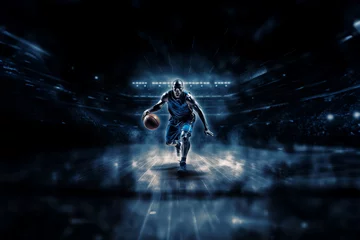 Fotobehang Basketball player demonstrates incredible power and skill, the court ablaze with stunning smoke and lighting effects, showcasing the player's prowess. Generative AI. © Surachetsh
