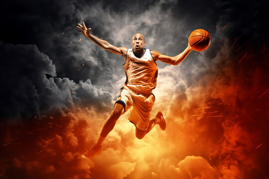 Basketball player demonstrates incredible power and skill, the court ablaze with stunning smoke and lighting effects, showcasing the player's prowess. Generative AI.