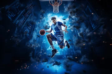 Fotobehang Basketball player demonstrates incredible power and skill, the court ablaze with stunning smoke and lighting effects, showcasing the player's prowess. Generative AI. © Surachetsh
