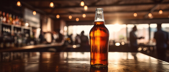 close up of a bottle of beer with blurred Bartender and bar in the back with empty copy space	
 - obrazy, fototapety, plakaty