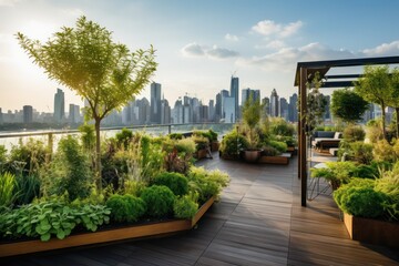 Urban rooftop garden with various plants and a serene city skyline view.
