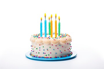 Colourful birthday cake with candles isolated on white background.