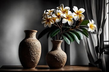  of a wooden vase with wood art on it, flowers in the vase, on the table , in a bedroom near a window , with black and white background