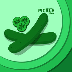 Two whole and sliced ​​cucumbers, with bold text on a green circle background to celebrate National Pickle Day on November 14
