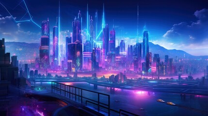 Fototapeta na wymiar A futuristic, cyberpunk inspired cityscape at night.