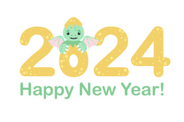 Happy New 2024 Year. Cute little dragon hatched from an egg. Vector congratulation card