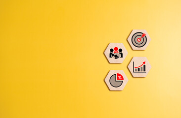 Business success icon set on yellow background, Successful project plan with dartboard objective goal, strategy planning, collaborate and cooperation, profit target setting, and higher market share.