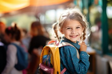 Happy school girl wearing schoolbag in the school. - obrazy, fototapety, plakaty