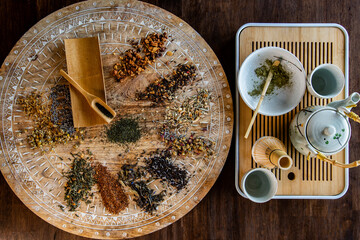 above areal view of loose leaf tea wooden spinner 