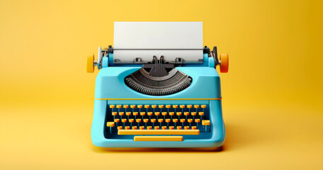 Typewriter turquoise color on a yellow background. Banner - obrazy, fototapety, plakaty