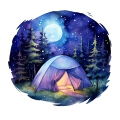 A Camping Tent in the forest with Night sky, watercolor for T-shirt Design.