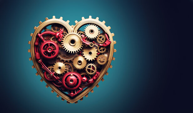 Steampunk mechanical heart made of cog wheels gear. Valentines Day banner with copy-space