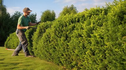 Sunny day, professional gardener trimming a hedge, cut green bushes near the house. - obrazy, fototapety, plakaty