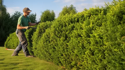 Foto op Aluminium Sunny day, professional gardener trimming a hedge, cut green bushes near the house. © IndigoElf