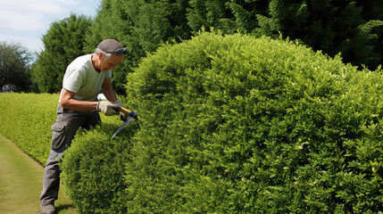 Sunny day, professional gardener trimming a hedge, cut green bushes near the house.