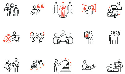 Vector set of linear icons related to human resource management, relationship, business leadership, teamwork, cooperation and personal development. Infographics design elements - part 6