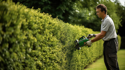 Sunny day, professional gardener trimming a hedge, cut green bushes near the house.