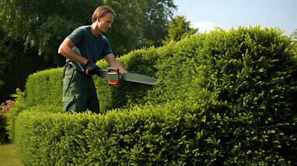 Sunny day, professional gardener trimming a hedge, cut green bushes near the house.
