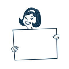 Vintage style clip art of a woman holding a blank sign.