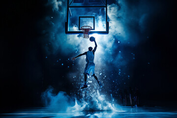 Wide-angle perspective of a basketball player positioned with their back to the basketball hoop, amidst impressive lighting and smoke effects on the court. Generative AI. - obrazy, fototapety, plakaty