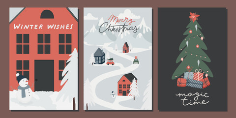 Set of winter postcards. Christmas village. New Year. Snowman, Christmas tree, gifts