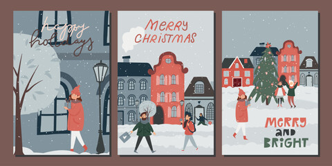 Set of winter postcards. Christmas tree. New Year. People are shopping. Shopping