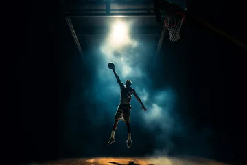 Fotobehang Wide-angle perspective of a basketball player positioned with their back to the basketball hoop, amidst impressive lighting and smoke effects on the court. Generative AI. © Surachetsh