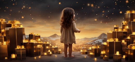 Little girl standing in front of a snowy mountain with candles in the background