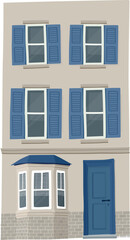Building. Vector. The facade of the house with blue inserts