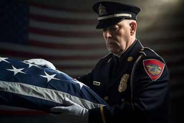Obraz premium An honor guard performing a ceremonial flag-folding, symbolizing reverence and remembrance. Generative Ai