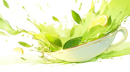 Green herbal tea wave splash with leaves flow.