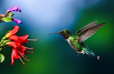 Hummingbird bird flying next to a beautiful red flower with rain.