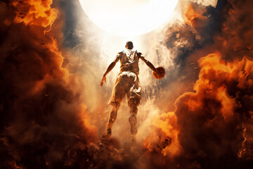 illustrated of Basketball player demonstrates incredible power and skill, the court ablaze with stunning smoke and lighting effects, showcasing the player's prowess. Generative AI. - obrazy, fototapety, plakaty