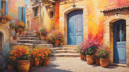 The streets of Italy or Spain are decorated with beautiful colorful flowers, in watercolours - obrazy, fototapety, plakaty