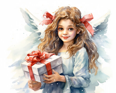Beautiful angel girl with gift box. Isolated on white background. Watercolor illustration. 
