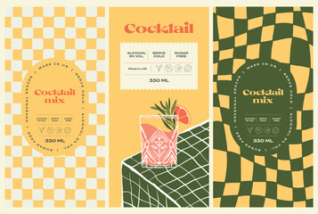 Vector hand drawn cocktail packaging label design template set for cafe or restaurant. Vector beverage package badges set