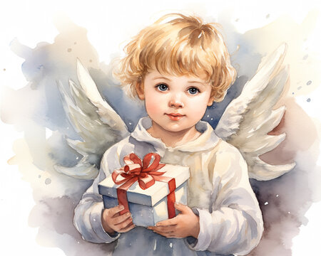 Cute little angel boy with gift box. Watercolor painting. Christmas angel with gift box. 