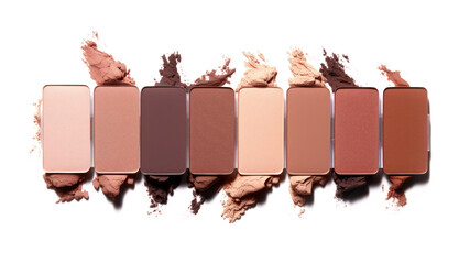 Top view of a close-up flat lay shot of a palette with beige, pink and brown eyeshadows, colored powders, in the cosmetics industry. Perfect for advertising campaigns.