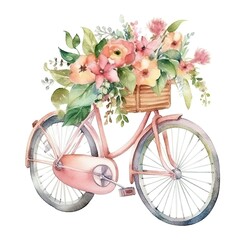 Fototapeta na wymiar retro bicycle with flower basket on white background, Watercolor art illustration