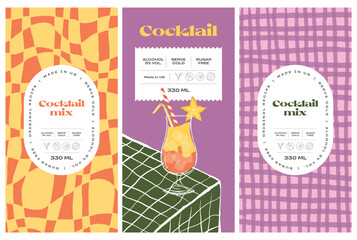 Obraz premium Vector hand drawn cocktail packaging label design template set for cafe or restaurant. Vector beverage package badges set